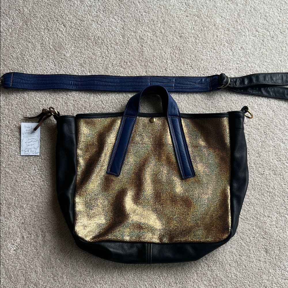 NWT RebyC Gold and Black Tote Bag with Blue Straps